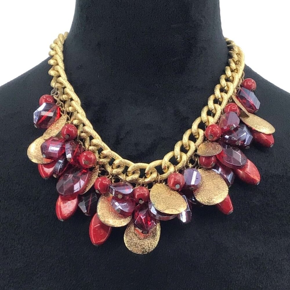 Statement Necklace Gold Tone Red Tear Drop Beads Simulated Stone Adjustable Leng